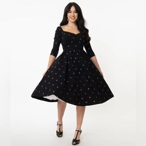 Unique Vintage Black & Purple Polka Dot Lamar Swing Dress - Size: Large